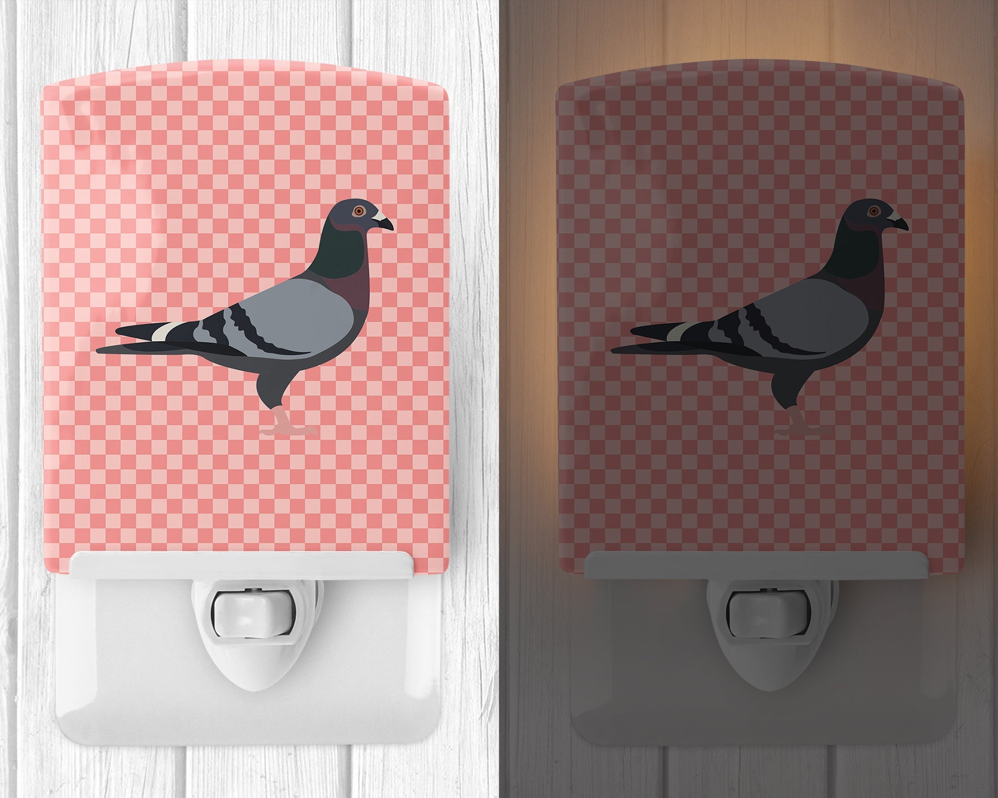 Racing Pigeon Pink Check Ceramic Night Light Compact, UL-Certified, Ideal for Bedroom, Bathroom, Nursery, Hallway, Kitchen, 6x4x3, Multicolor