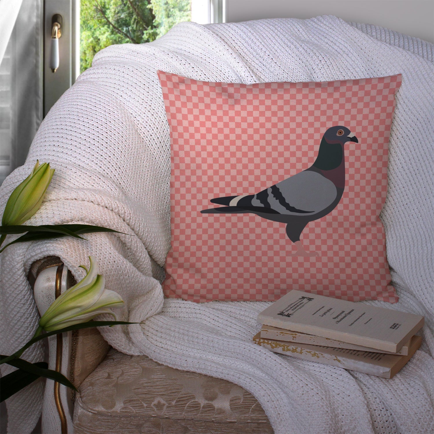 Racing Pigeon Pink Check Decorative Throw Pillow 14x14 Indoor Outdoor Accent Cushion, Fabric Cover with Insert for Sofa, Bed, Porch & Living Room