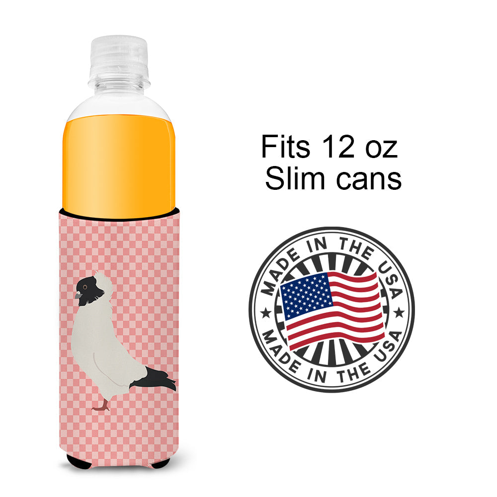 Nun Pigeon Pink Check Slim Can Hugger , Insulated Foam Hugger for 12 oz Slim Cans, Beer Bottles & Water Bottles, Printed in USA