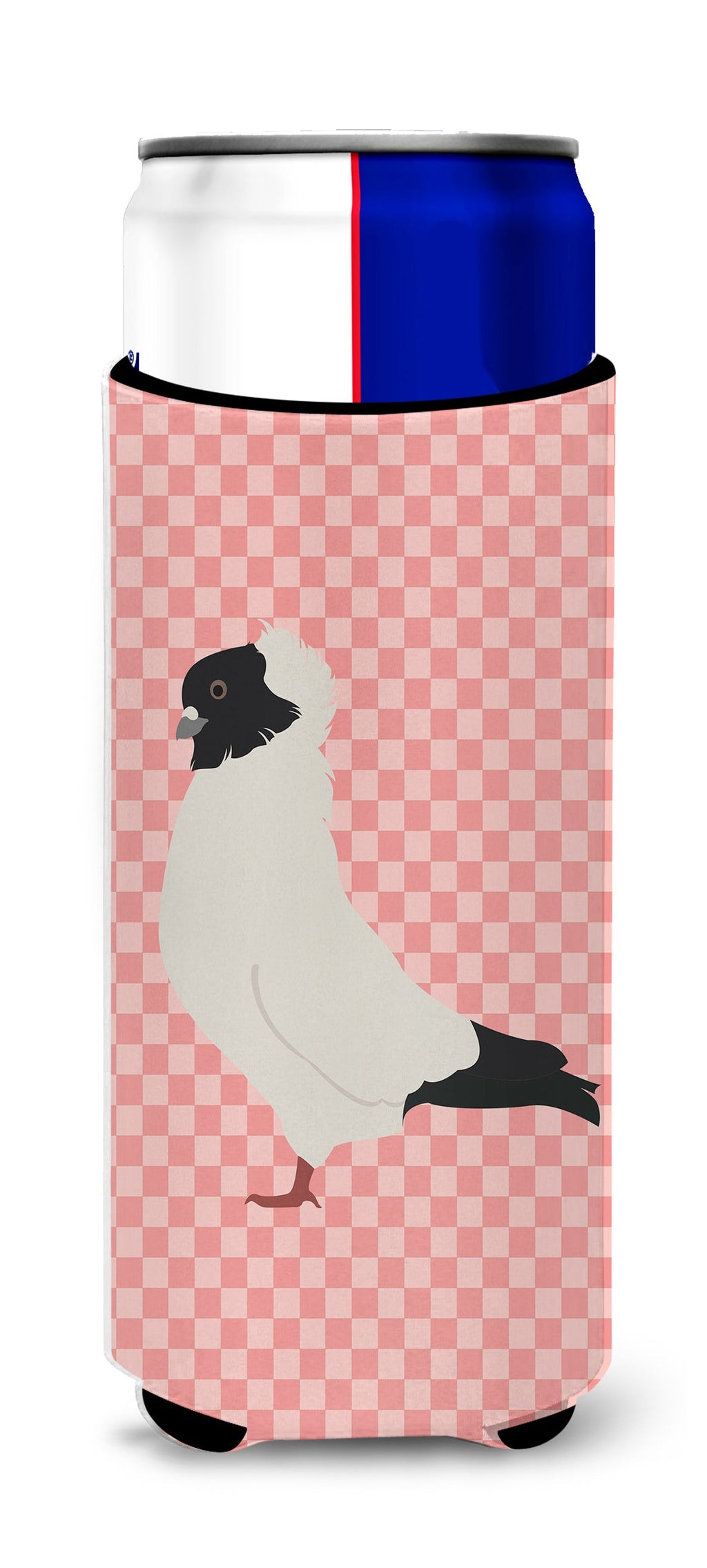 Nun Pigeon Pink Check Slim Can Hugger , Insulated Foam Hugger for 12 oz Slim Cans, Beer Bottles & Water Bottles, Printed in USA