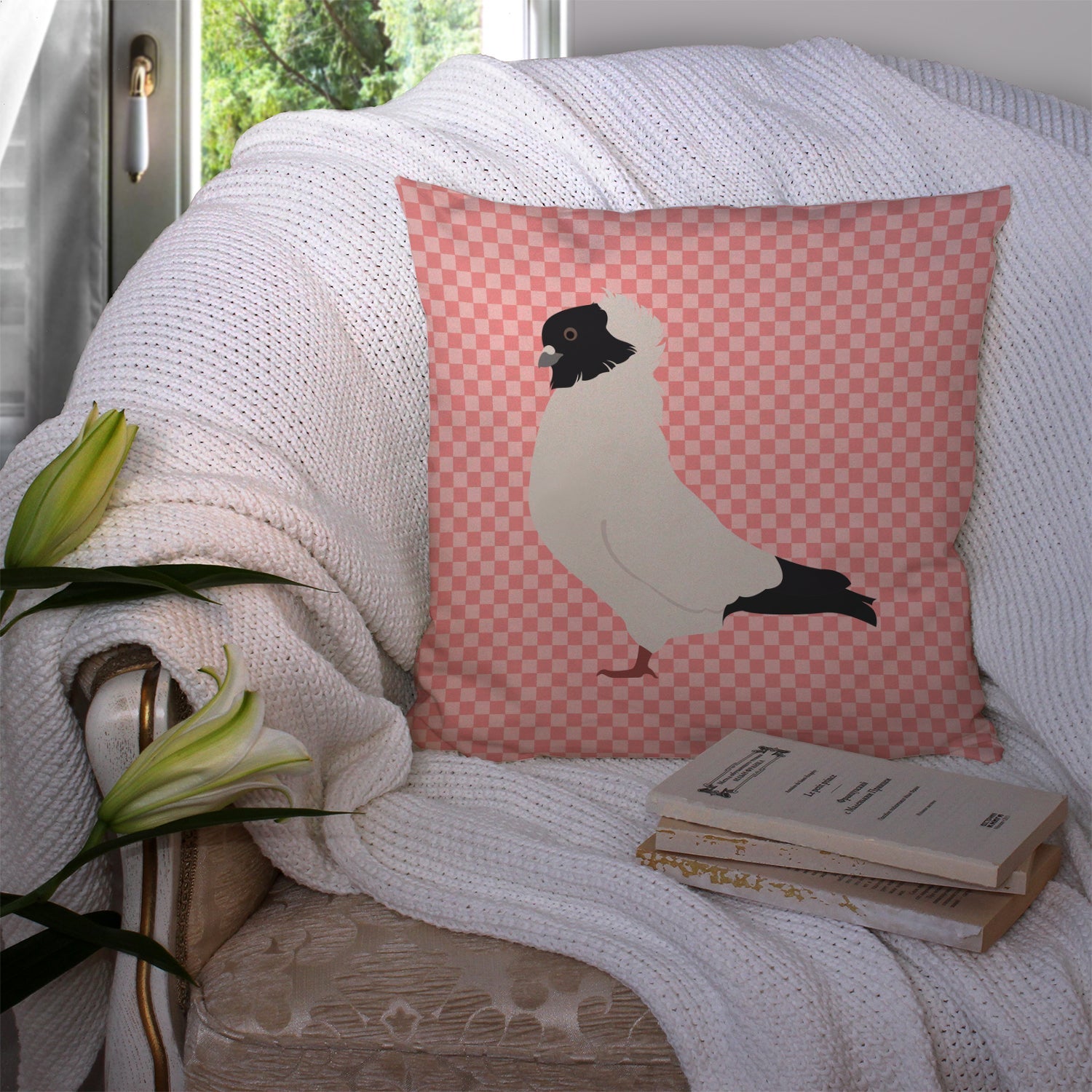Nun Pigeon Pink Check Decorative Throw Pillow 14x14 Indoor Outdoor Accent Cushion, Fabric Cover with Insert for Sofa, Bed, Porch & Living Room