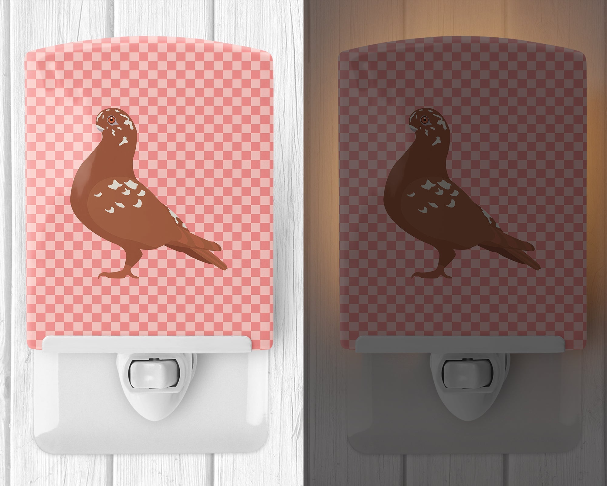 African Owl Pigeon Pink Check Ceramic Night Light Compact, UL-Certified, Ideal for Bedroom, Bathroom, Nursery, Hallway, Kitchen, 6x4x3, Multicolor