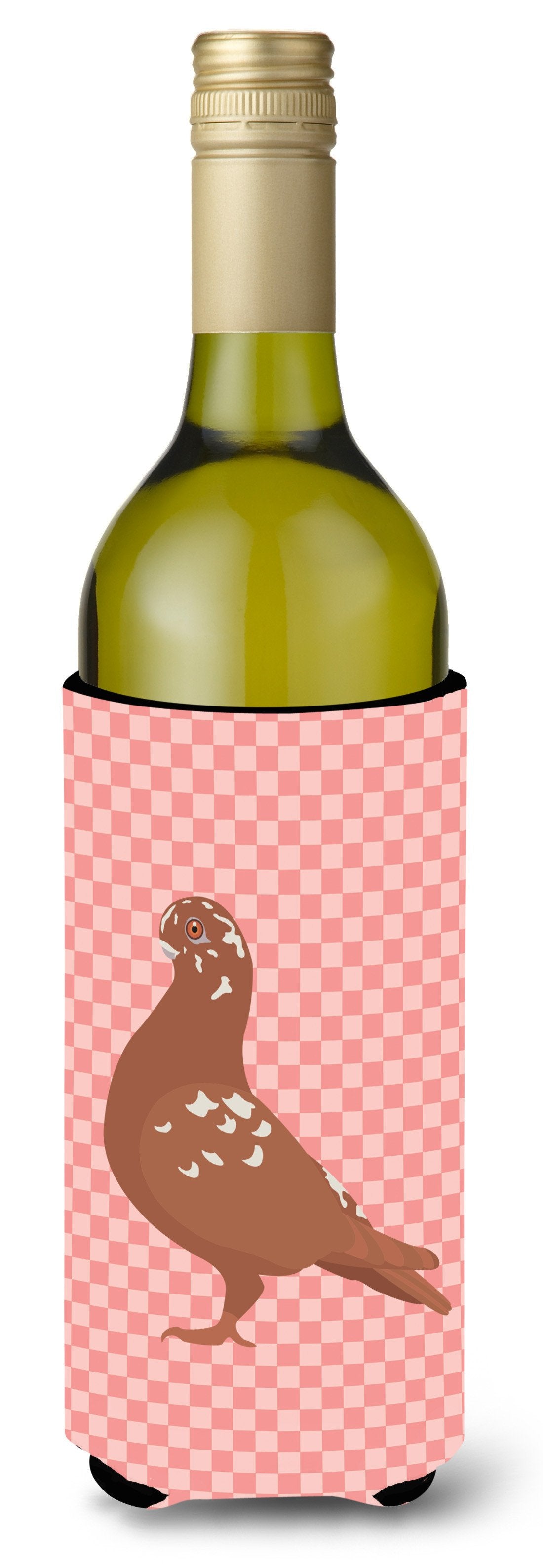 African Owl Pigeon Pink Check Wine Bottle Hugger Gift Sleeve for Standard 750 ml Bottles, Insulated Reusable Also Fits Mini Shot & Pint Bottles