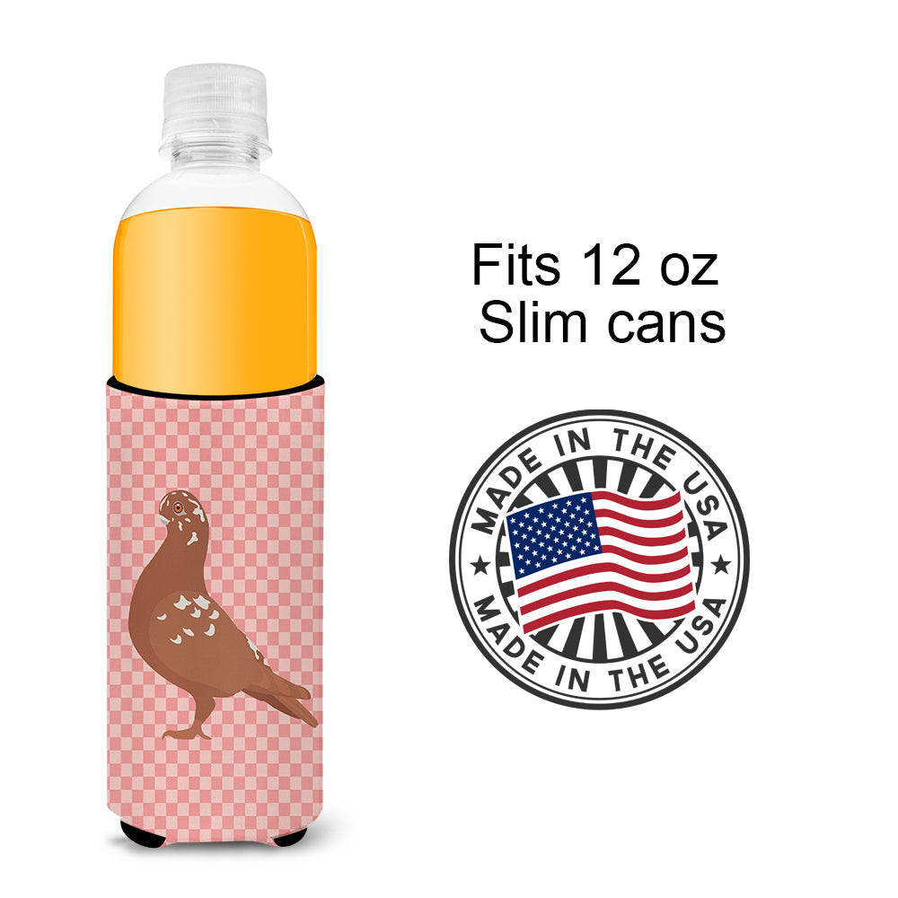 African Owl Pigeon Pink Check Slim Can Hugger , Insulated Foam Hugger for 12 oz Slim Cans, Beer Bottles & Water Bottles, Printed in USA