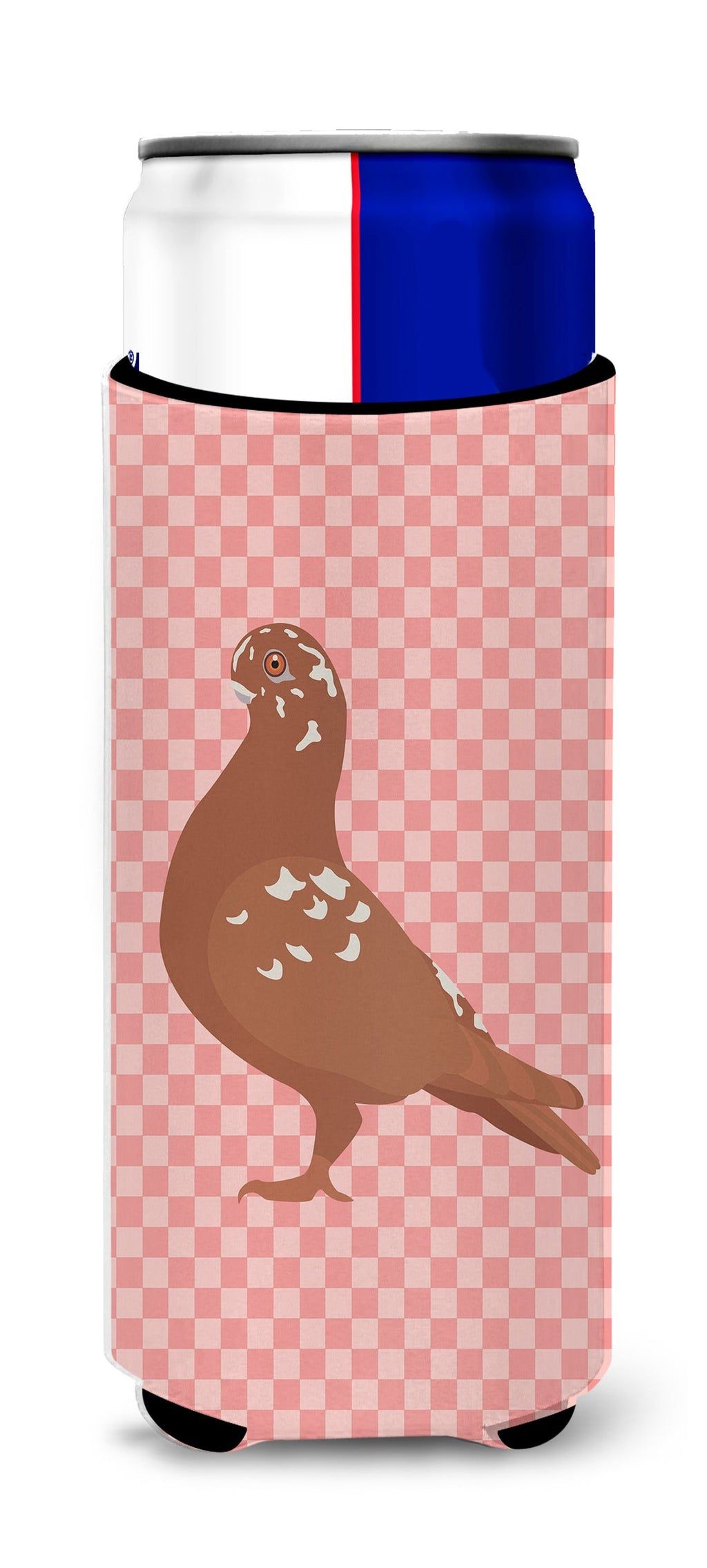African Owl Pigeon Pink Check Slim Can Hugger , Insulated Foam Hugger for 12 oz Slim Cans, Beer Bottles & Water Bottles, Printed in USA