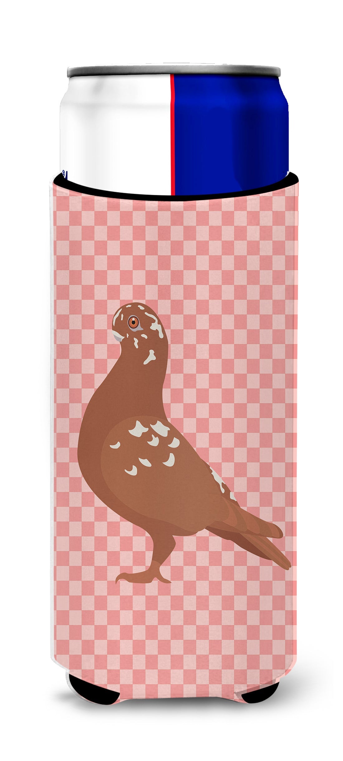 African Owl Pigeon Pink Check Slim Can Hugger , Insulated Foam Hugger for 12 oz Slim Cans, Beer Bottles & Water Bottles, Printed in USA