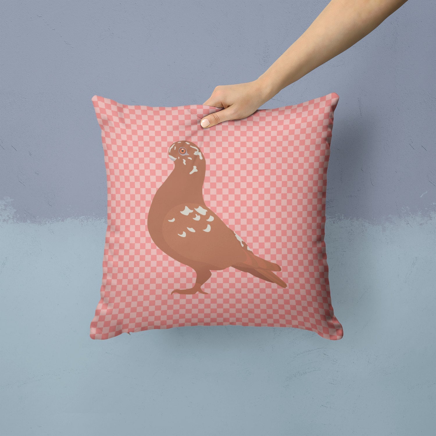 African Owl Pigeon Pink Check Decorative Throw Pillow 14x14 Indoor Outdoor Accent Cushion, Fabric Cover with Insert for Sofa, Bed, Porch & Living Room