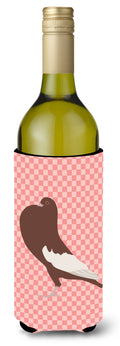 English Pouter Pigeon Pink Check Wine Bottle Hugger Gift Sleeve for Standard 750 ml Bottles, Insulated Reusable Also Fits Mini Shot & Pint Bottles