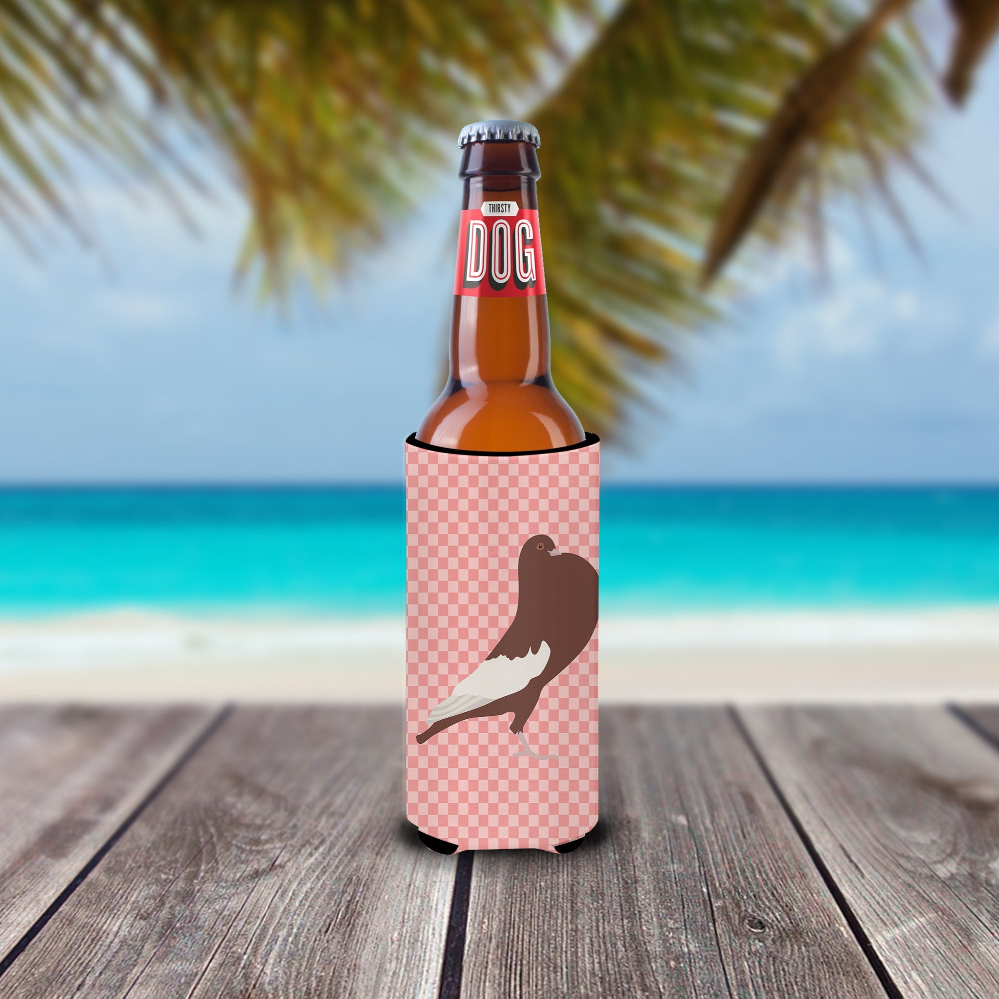 English Pouter Pigeon Pink Check Slim Can Hugger , Insulated Foam Hugger for 12 oz Slim Cans, Beer Bottles & Water Bottles, Printed in USA