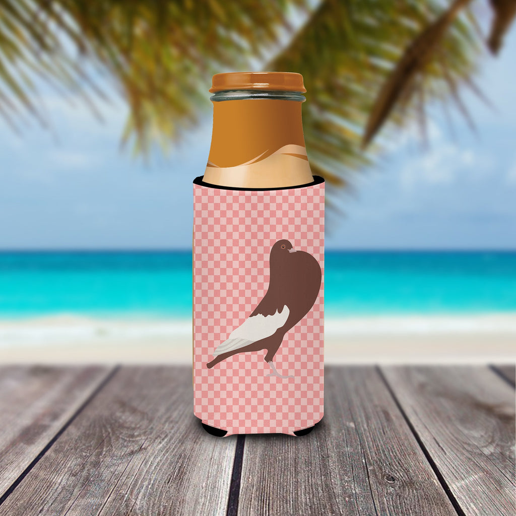 English Pouter Pigeon Pink Check Slim Can Hugger , Insulated Foam Hugger for 12 oz Slim Cans, Beer Bottles & Water Bottles, Printed in USA