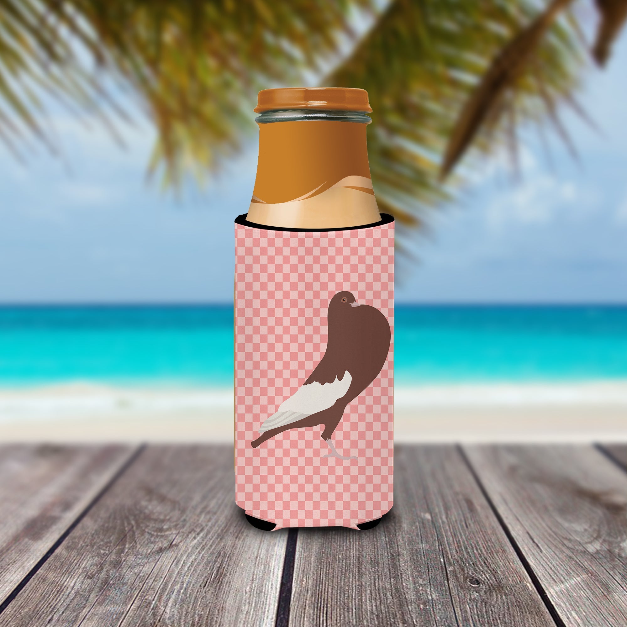 English Pouter Pigeon Pink Check Slim Can Hugger , Insulated Foam Hugger for 12 oz Slim Cans, Beer Bottles & Water Bottles, Printed in USA