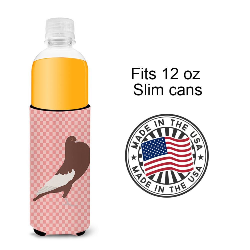 English Pouter Pigeon Pink Check Slim Can Hugger , Insulated Foam Hugger for 12 oz Slim Cans, Beer Bottles & Water Bottles, Printed in USA