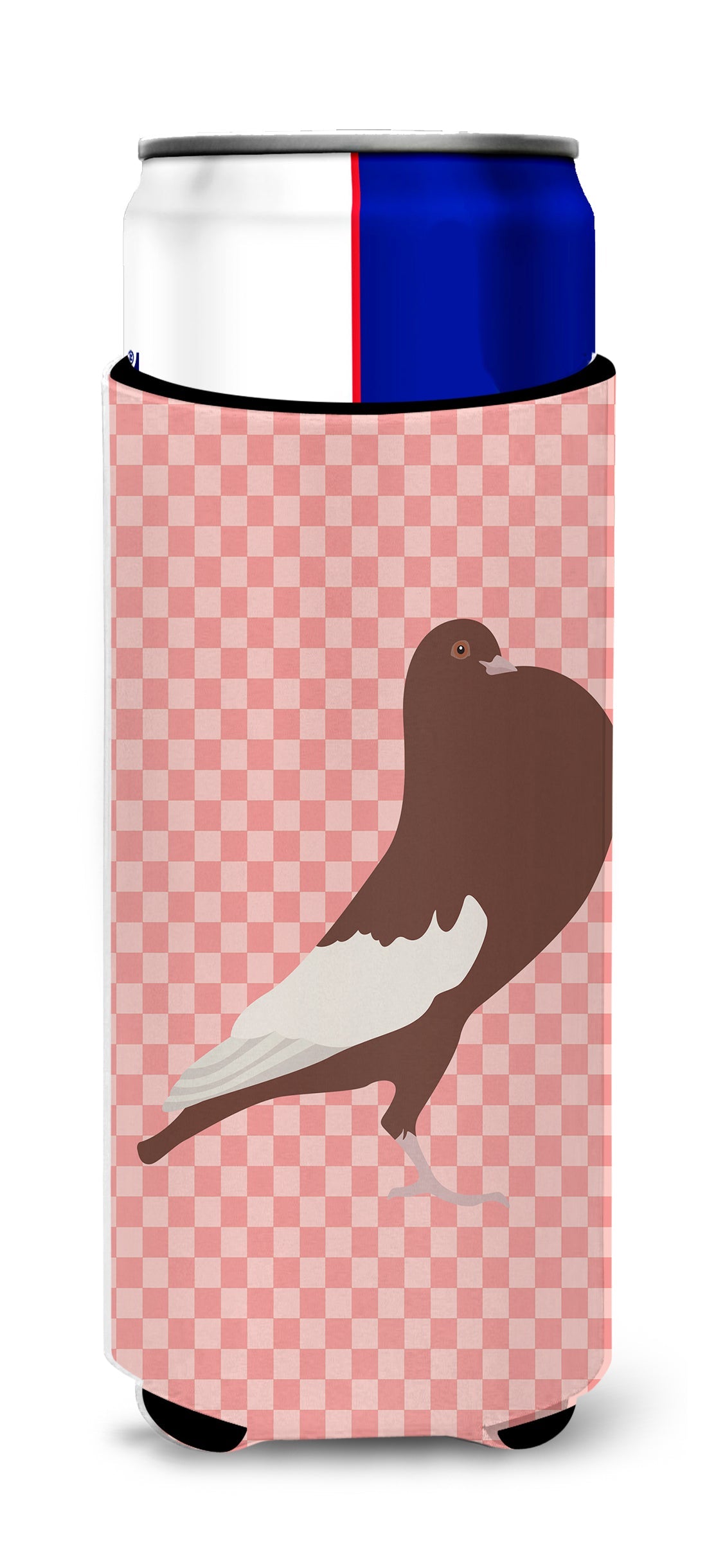 English Pouter Pigeon Pink Check Slim Can Hugger , Insulated Foam Hugger for 12 oz Slim Cans, Beer Bottles & Water Bottles, Printed in USA