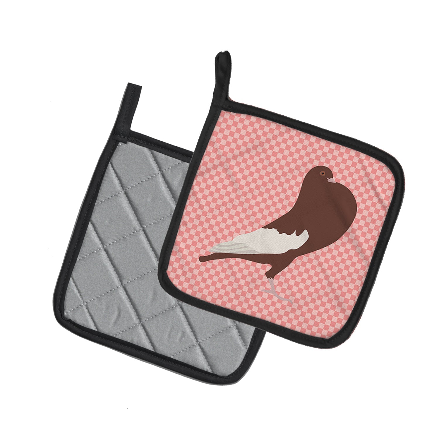English Pouter Pigeon Pink Check Pot Holder Set of 2 Heat Resistant Quilted Hot Pads 7.5 x 7.5 Inch, Insulated Kitchen Trivets for Cooking & Baking