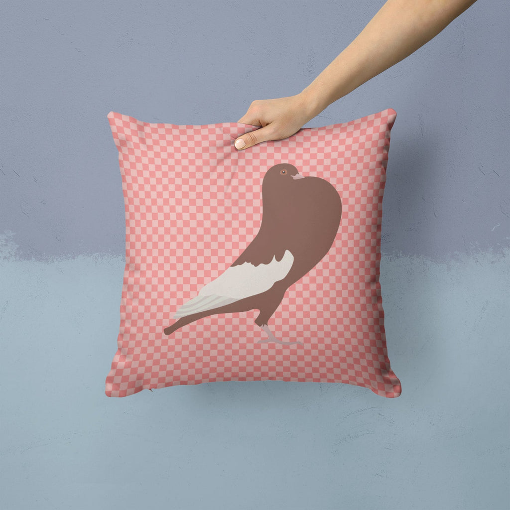 English Pouter Pigeon Pink Check Decorative Throw Pillow 14x14 Indoor Outdoor Accent Cushion, Fabric Cover with Insert for Sofa, Bed, Porch & Living Room