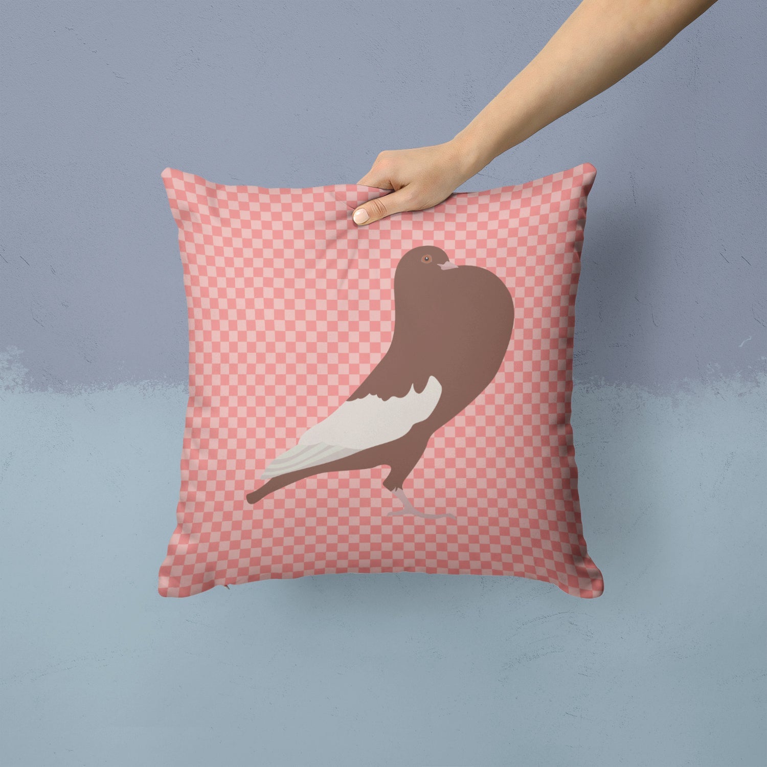 English Pouter Pigeon Pink Check Decorative Throw Pillow 14x14 Indoor Outdoor Accent Cushion, Fabric Cover with Insert for Sofa, Bed, Porch & Living Room