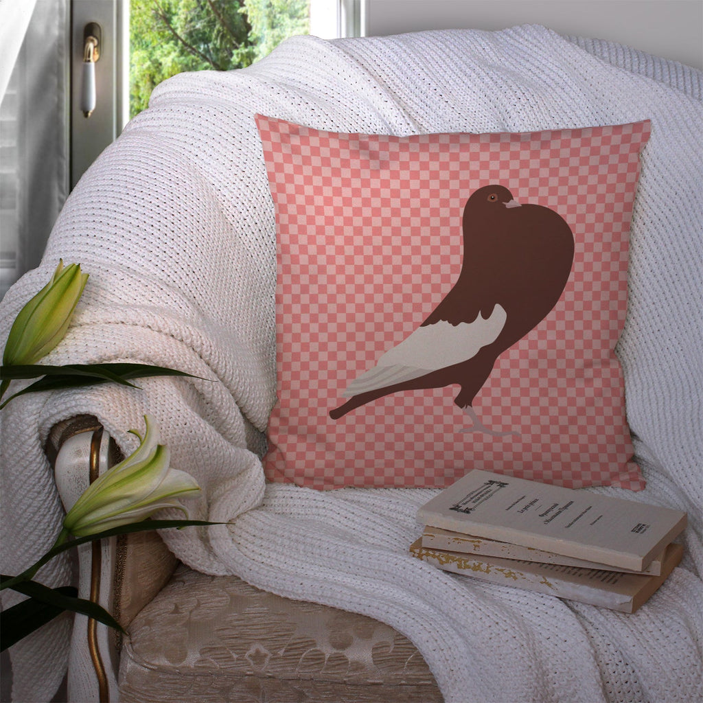 English Pouter Pigeon Pink Check Decorative Throw Pillow 14x14 Indoor Outdoor Accent Cushion, Fabric Cover with Insert for Sofa, Bed, Porch & Living Room