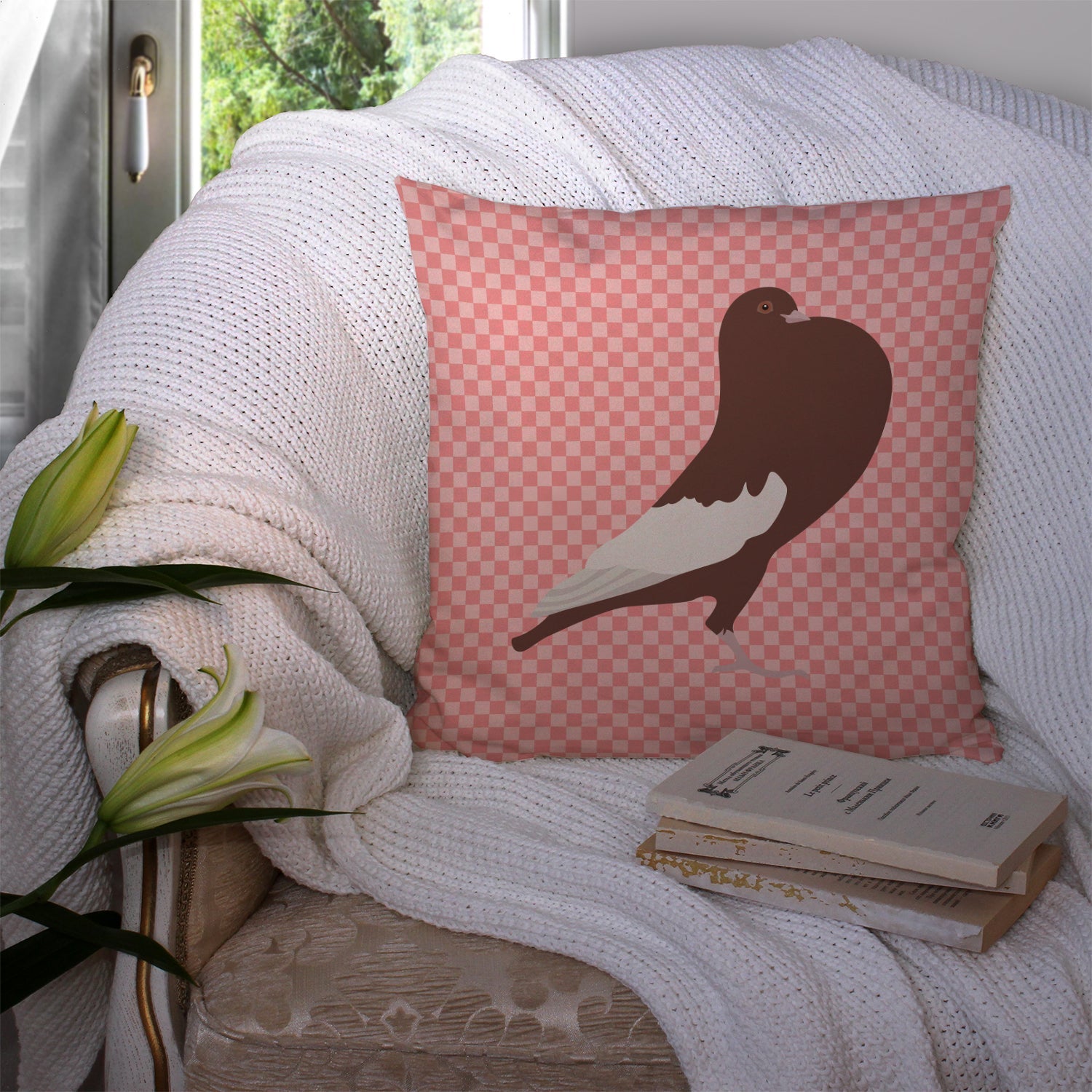 English Pouter Pigeon Pink Check Decorative Throw Pillow 14x14 Indoor Outdoor Accent Cushion, Fabric Cover with Insert for Sofa, Bed, Porch & Living Room