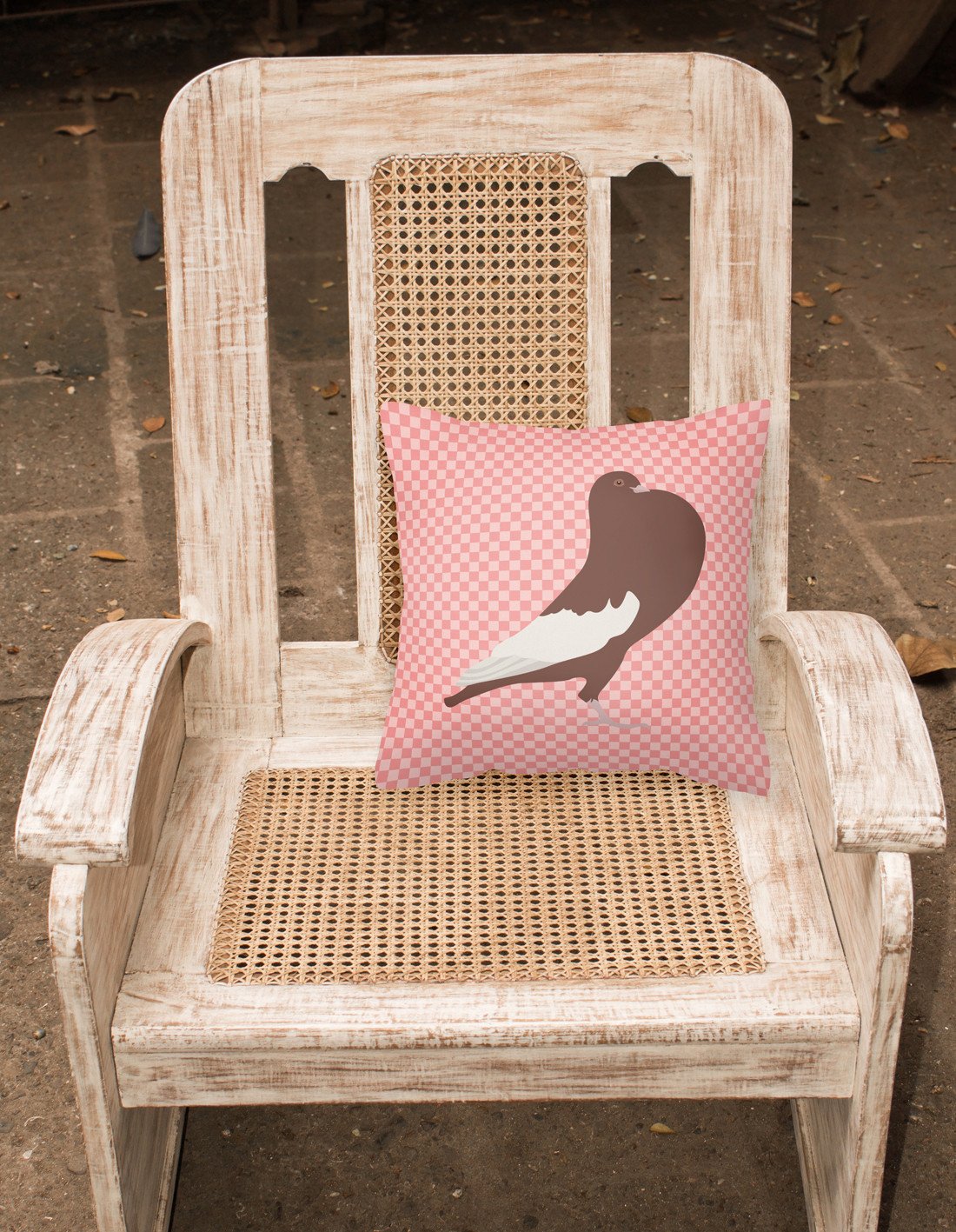 English Pouter Pigeon Pink Check Decorative Throw Pillow 18x18 Indoor Outdoor Accent Cushion, Fabric Cover with Insert for Sofa, Bed, Porch & Living Room