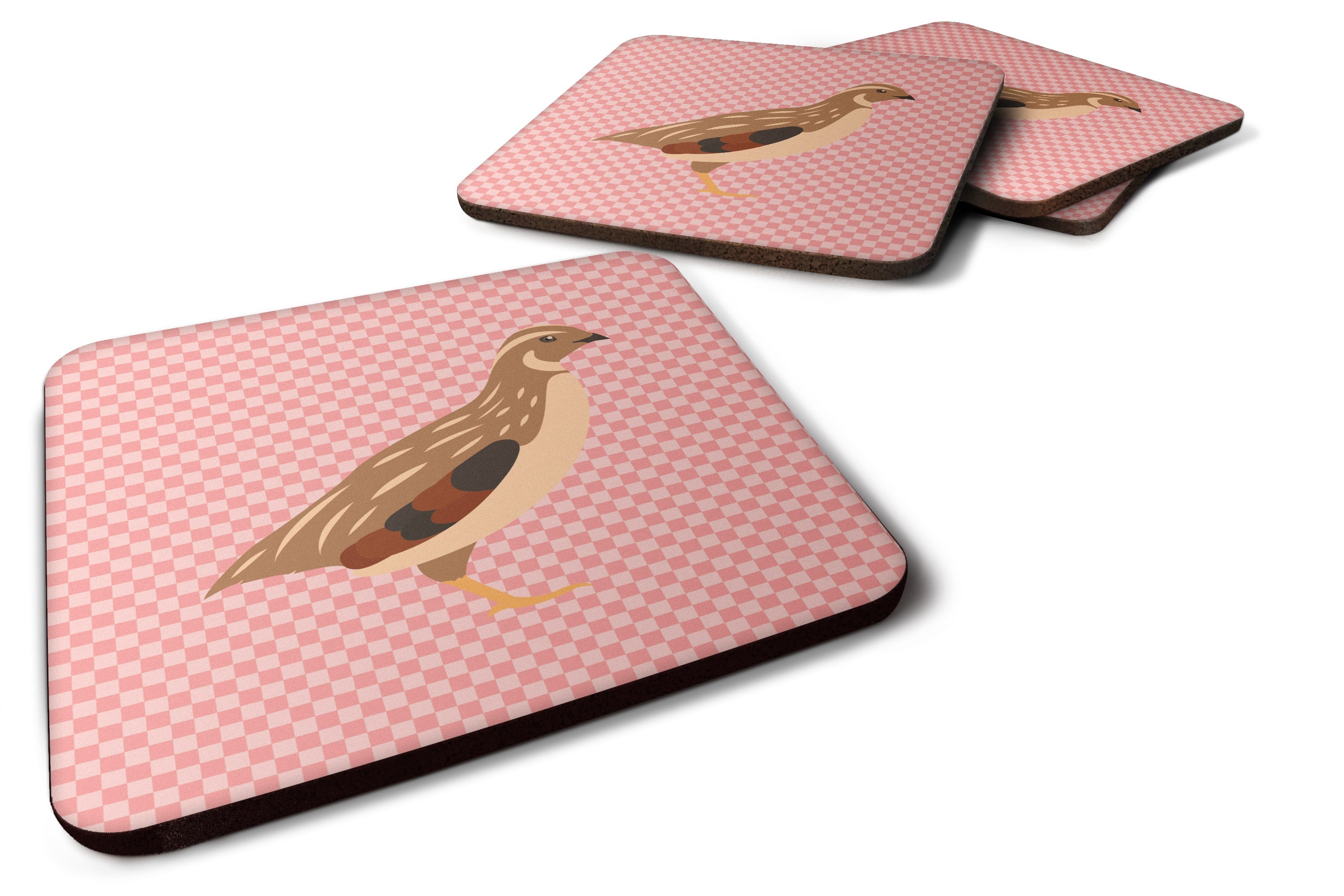 Golden Phoenix Quail Pink Check Foam Coasters Set of 4 Cup Coasters for Indoor Outdoor, Tabletop Protection, Anti Slip, Mouse pad Material