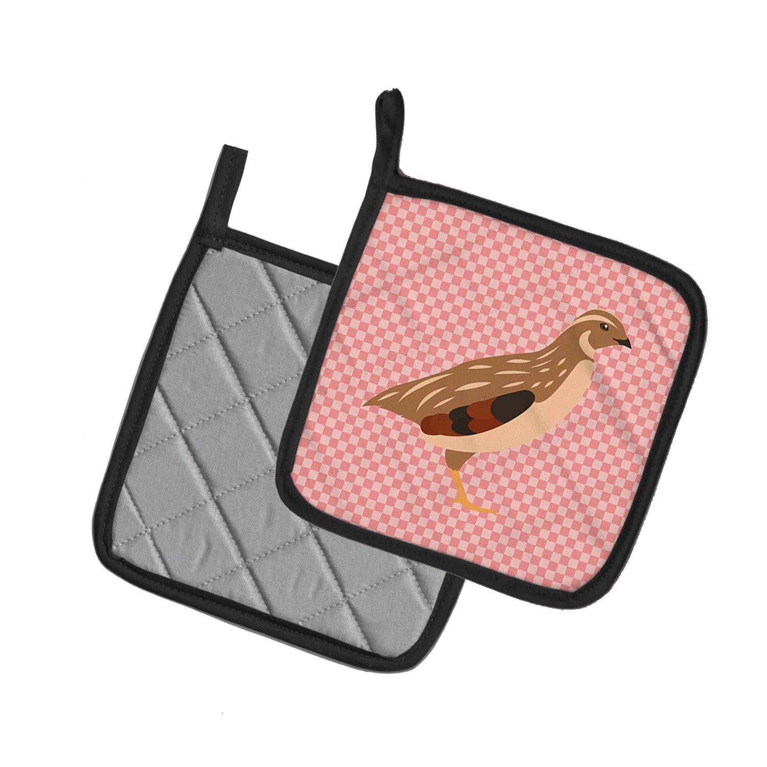 Golden Phoenix Quail Pink Check Pot Holder Set of 2 Heat Resistant Quilted Hot Pads 7.5 x 7.5 Inch, Insulated Kitchen Trivets for Cooking & Baking