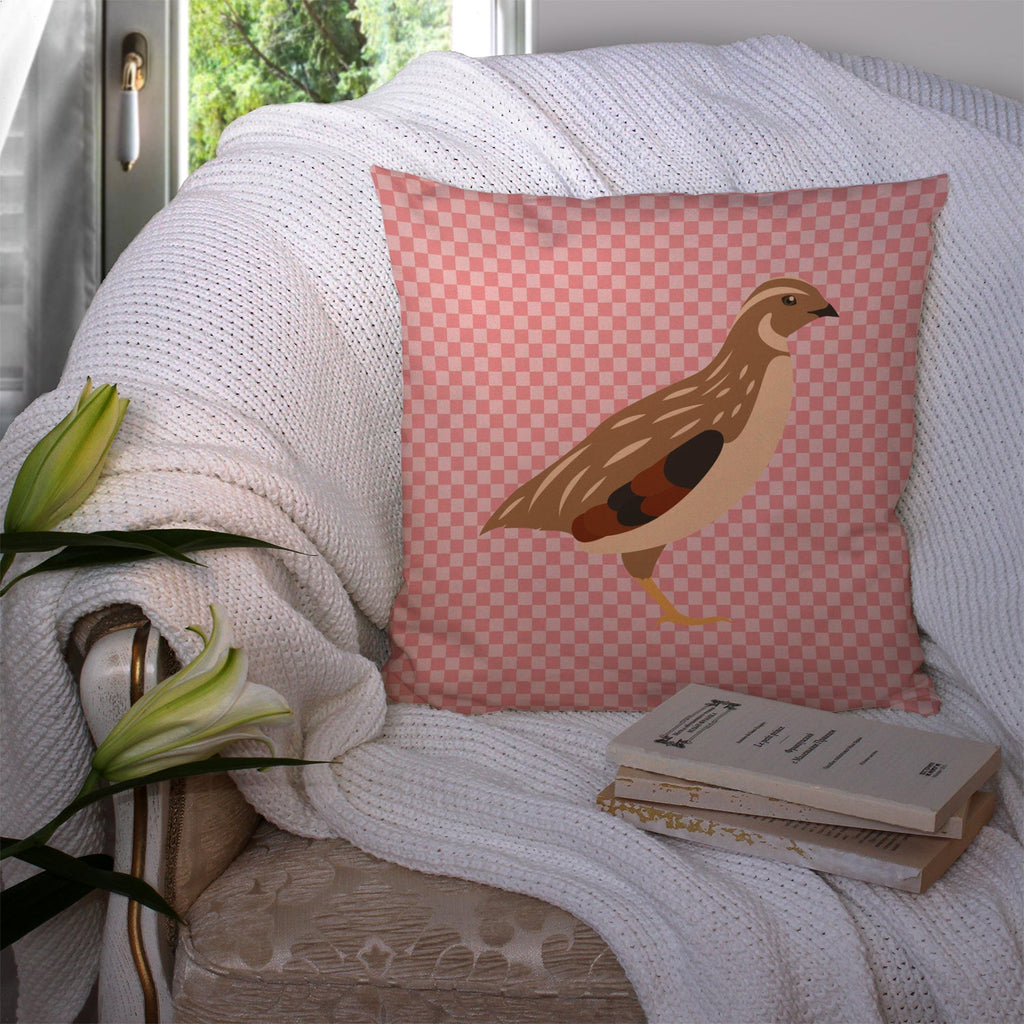 Golden Phoenix Quail Pink Check Decorative Throw Pillow 14x14 Indoor Outdoor Accent Cushion, Fabric Cover with Insert for Sofa, Bed, Porch & Living Room