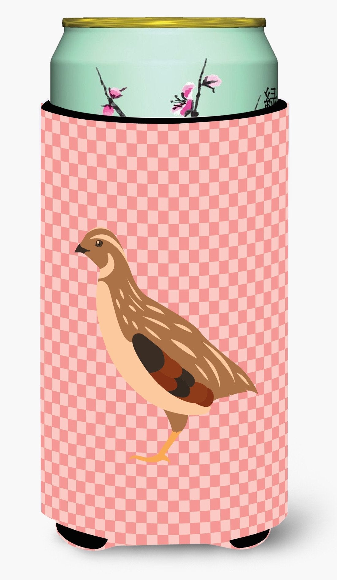 Golden Phoenix Quail Pink Check Tall Boy Hugger Can Cooler Sleeve Machine Washable Drink Collapsible Insulator Beverage Insulated Holder