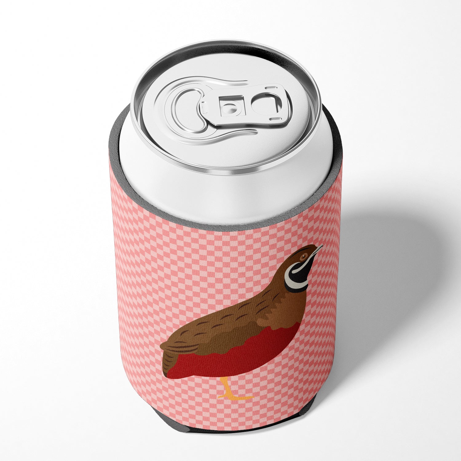 Chinese Painted or King Quail Pink Check Can or Bottle Hugger Cooler Sleeve for Standard 12 oz Cans, Insulated Foam Beer & Soda Can Hugger Reusable
