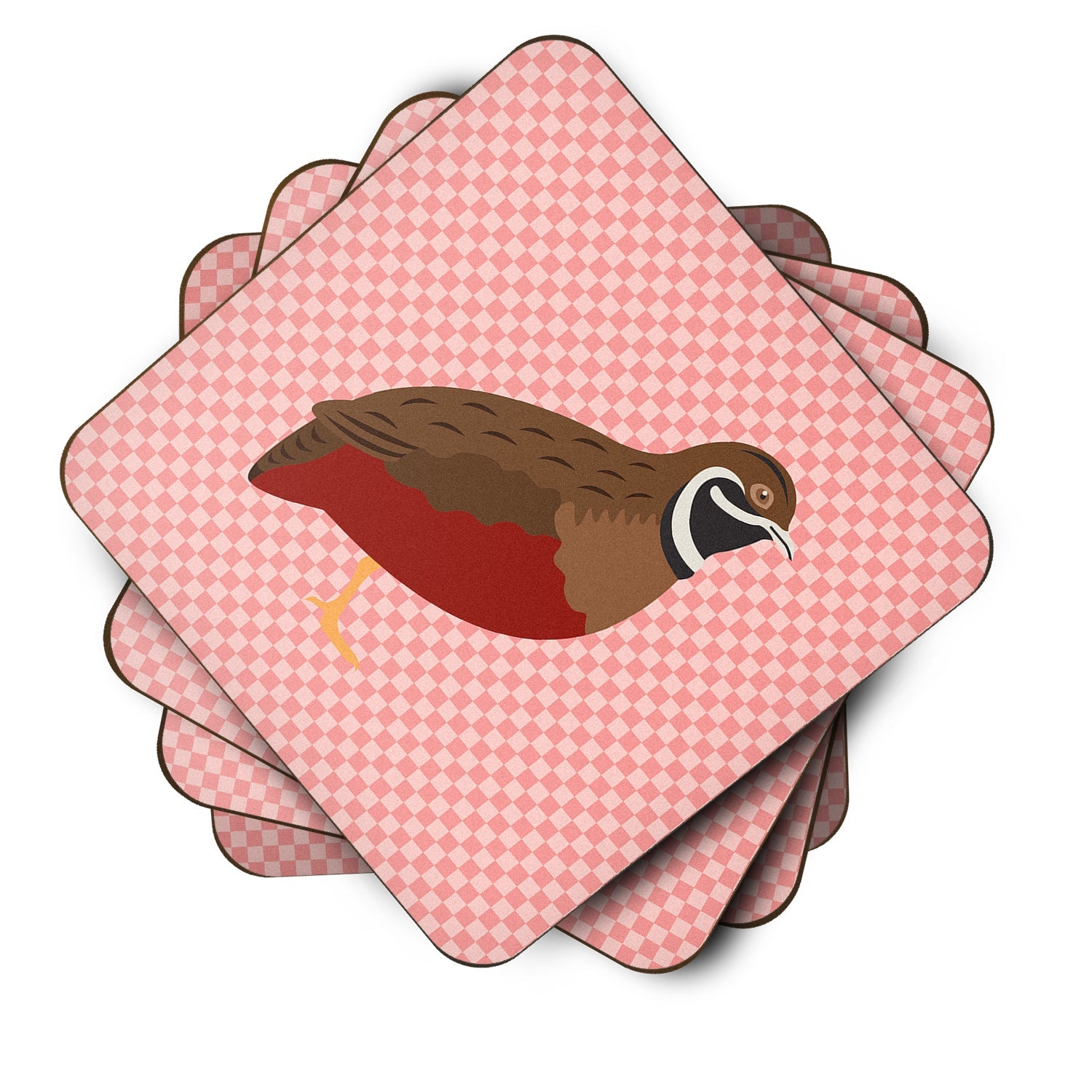 Chinese Painted or King Quail Pink Check Foam Coasters Set of 4 Cup Coasters for Indoor Outdoor, Tabletop Protection, Anti Slip, Mouse pad Material