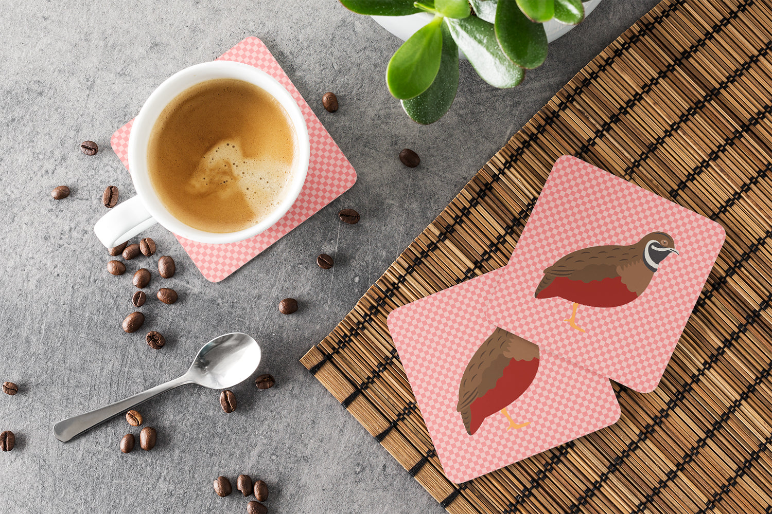 Chinese Painted or King Quail Pink Check Foam Coasters Set of 4 Cup Coasters for Indoor Outdoor, Tabletop Protection, Anti Slip, Mouse pad Material