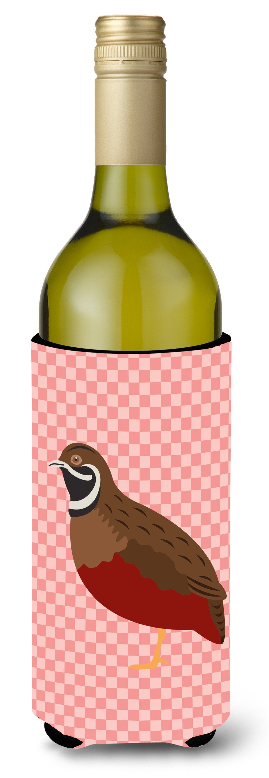 Chinese Painted or King Quail Pink Check Wine Bottle Hugger Gift Sleeve for Standard 750 ml Bottles, Insulated Reusable Also Fits Mini Shot & Pint Bottles