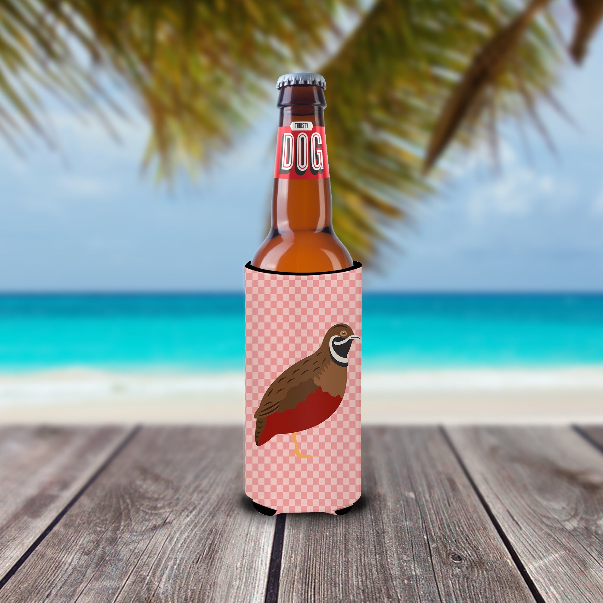Chinese Painted or King Quail Pink Check Slim Can Hugger , Insulated Foam Hugger for 12 oz Slim Cans, Beer Bottles & Water Bottles, Printed in USA