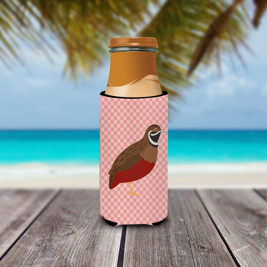 Chinese Painted or King Quail Pink Check Slim Can Hugger , Insulated Foam Hugger for 12 oz Slim Cans, Beer Bottles & Water Bottles, Printed in USA