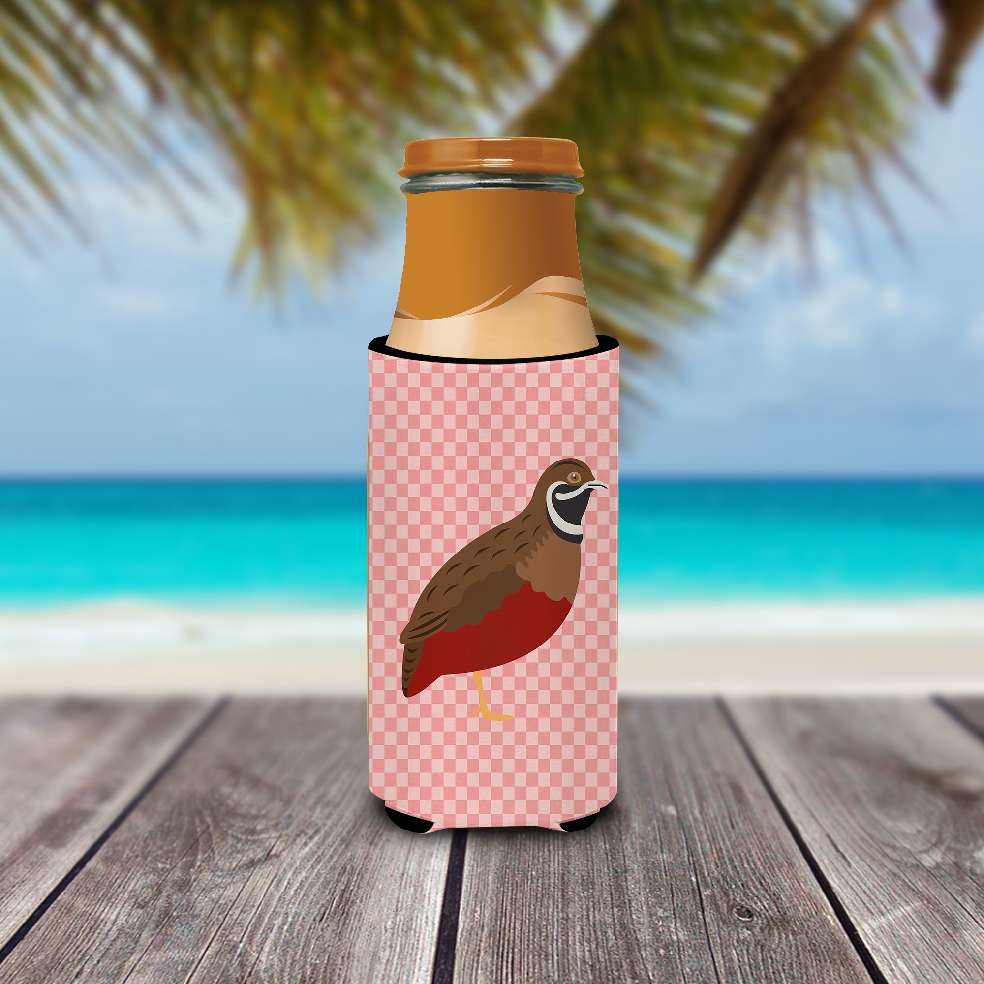 Chinese Painted or King Quail Pink Check Slim Can Hugger , Insulated Foam Hugger for 12 oz Slim Cans, Beer Bottles & Water Bottles, Printed in USA