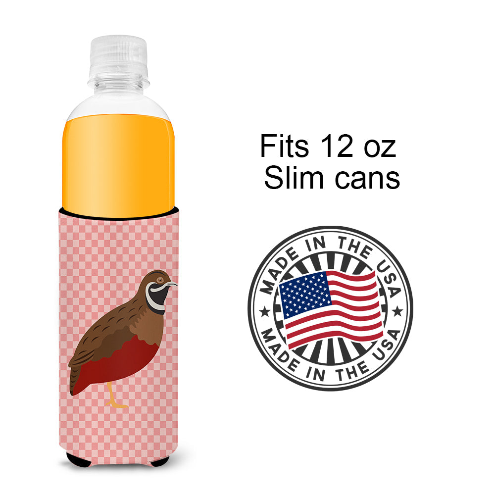 Chinese Painted or King Quail Pink Check Slim Can Hugger , Insulated Foam Hugger for 12 oz Slim Cans, Beer Bottles & Water Bottles, Printed in USA