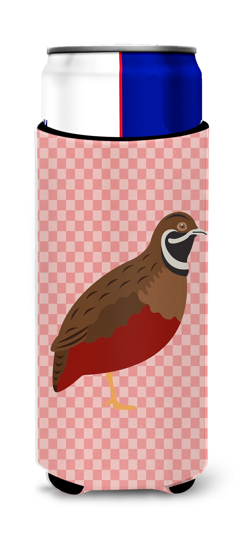 Chinese Painted or King Quail Pink Check Slim Can Hugger , Insulated Foam Hugger for 12 oz Slim Cans, Beer Bottles & Water Bottles, Printed in USA