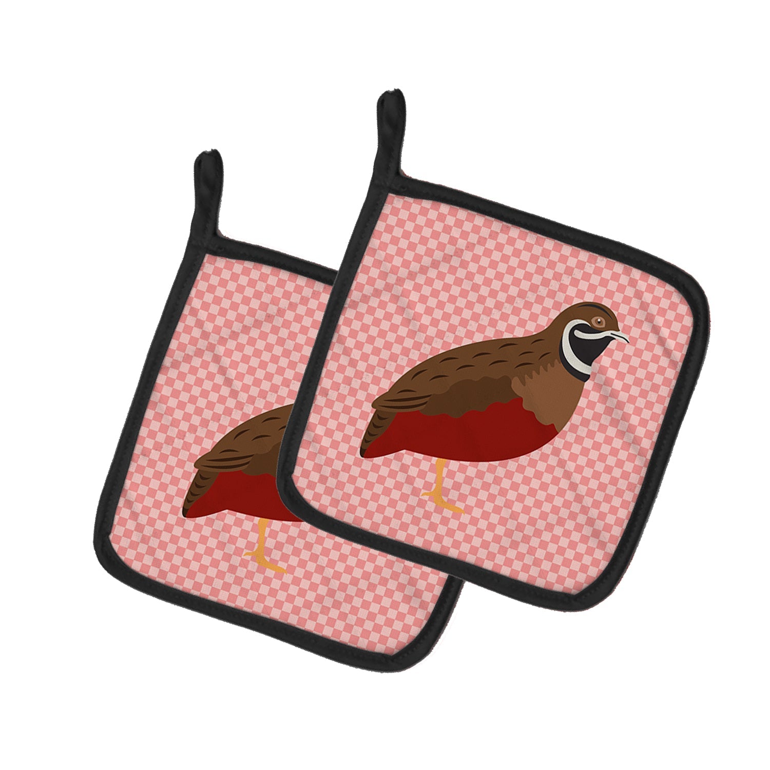 Chinese Painted or King Quail Pink Check Pot Holder Set of 2 Heat Resistant Quilted Hot Pads 7.5 x 7.5 Inch, Insulated Kitchen Trivets for Cooking & Baking