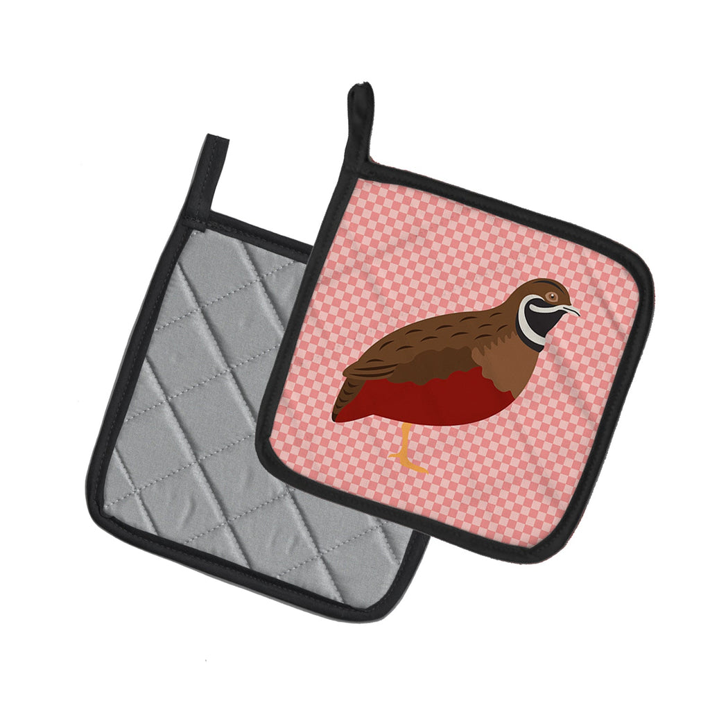 Chinese Painted or King Quail Pink Check Pot Holder Set of 2 Heat Resistant Quilted Hot Pads 7.5 x 7.5 Inch, Insulated Kitchen Trivets for Cooking & Baking
