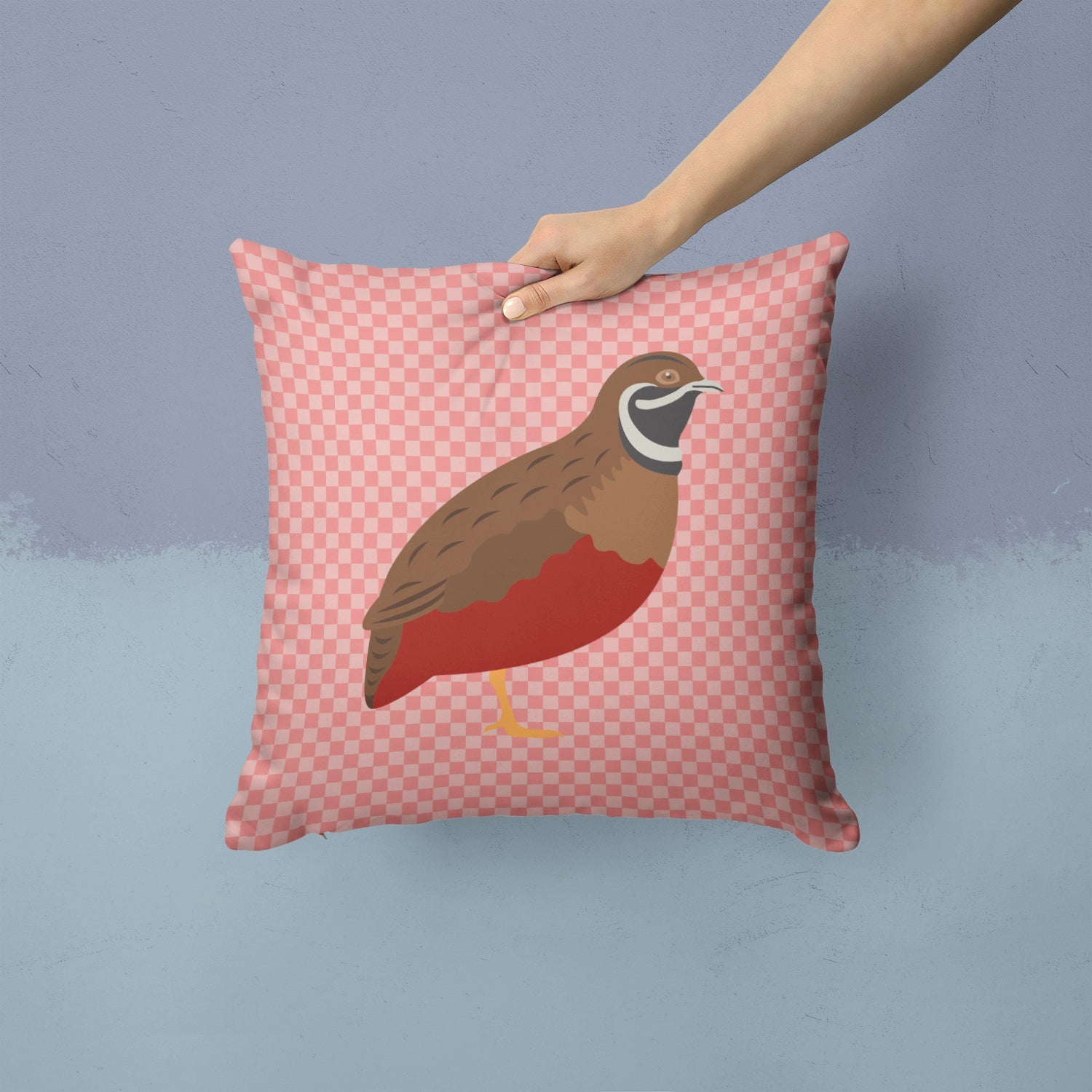 Chinese Painted or King Quail Pink Check Decorative Throw Pillow 14x14 Indoor Outdoor Accent Cushion, Fabric Cover with Insert for Sofa, Bed, Porch & Living Room
