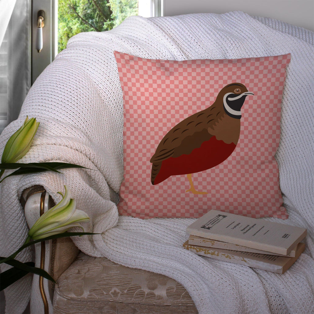 Chinese Painted or King Quail Pink Check Decorative Throw Pillow 14x14 Indoor Outdoor Accent Cushion, Fabric Cover with Insert for Sofa, Bed, Porch & Living Room