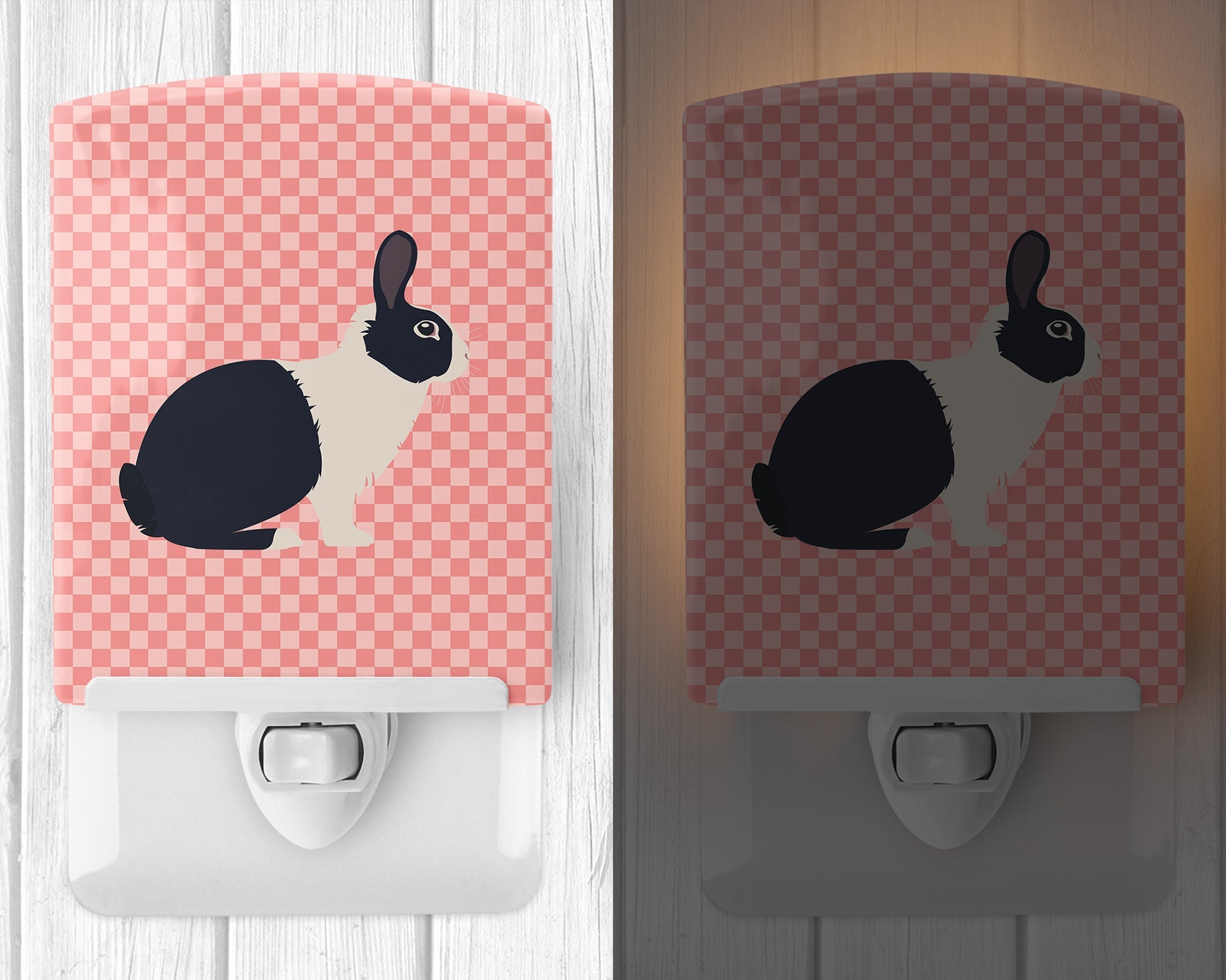Dutch Rabbit Pink Check Ceramic Night Light Compact, UL-Certified, Ideal for Bedroom, Bathroom, Nursery, Hallway, Kitchen, 6x4x3, Multicolor