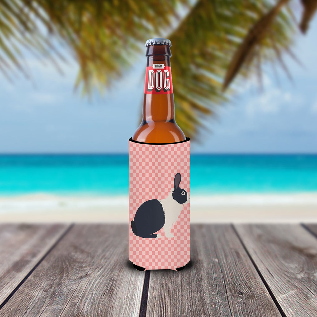 Dutch Rabbit Pink Check Slim Can Hugger , Insulated Foam Hugger for 12 oz Slim Cans, Beer Bottles & Water Bottles, Printed in USA