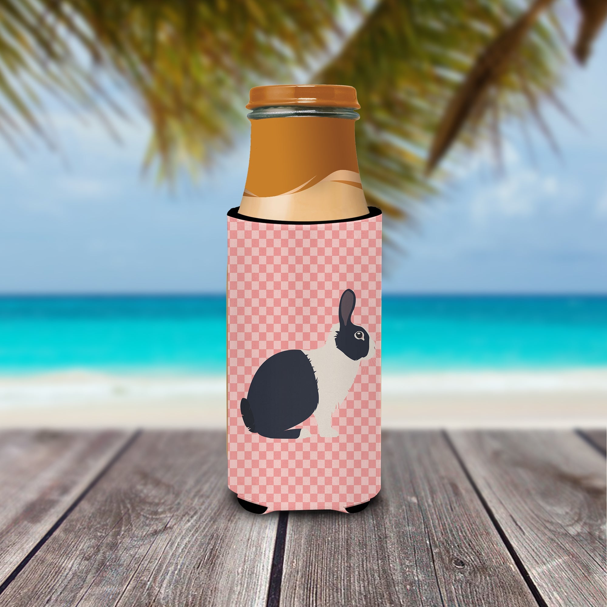 Dutch Rabbit Pink Check Slim Can Hugger , Insulated Foam Hugger for 12 oz Slim Cans, Beer Bottles & Water Bottles, Printed in USA