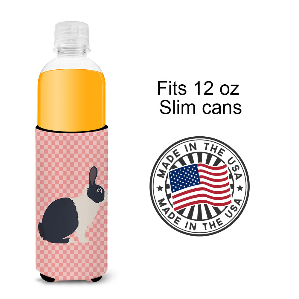Dutch Rabbit Pink Check Slim Can Hugger , Insulated Foam Hugger for 12 oz Slim Cans, Beer Bottles & Water Bottles, Printed in USA