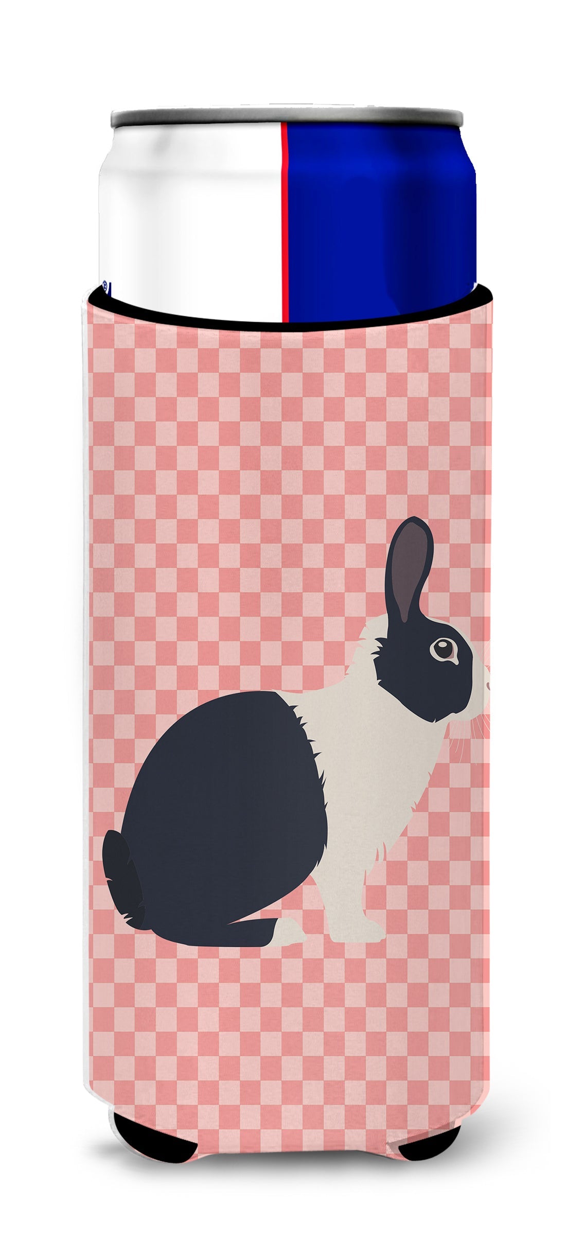 Dutch Rabbit Pink Check Slim Can Hugger , Insulated Foam Hugger for 12 oz Slim Cans, Beer Bottles & Water Bottles, Printed in USA