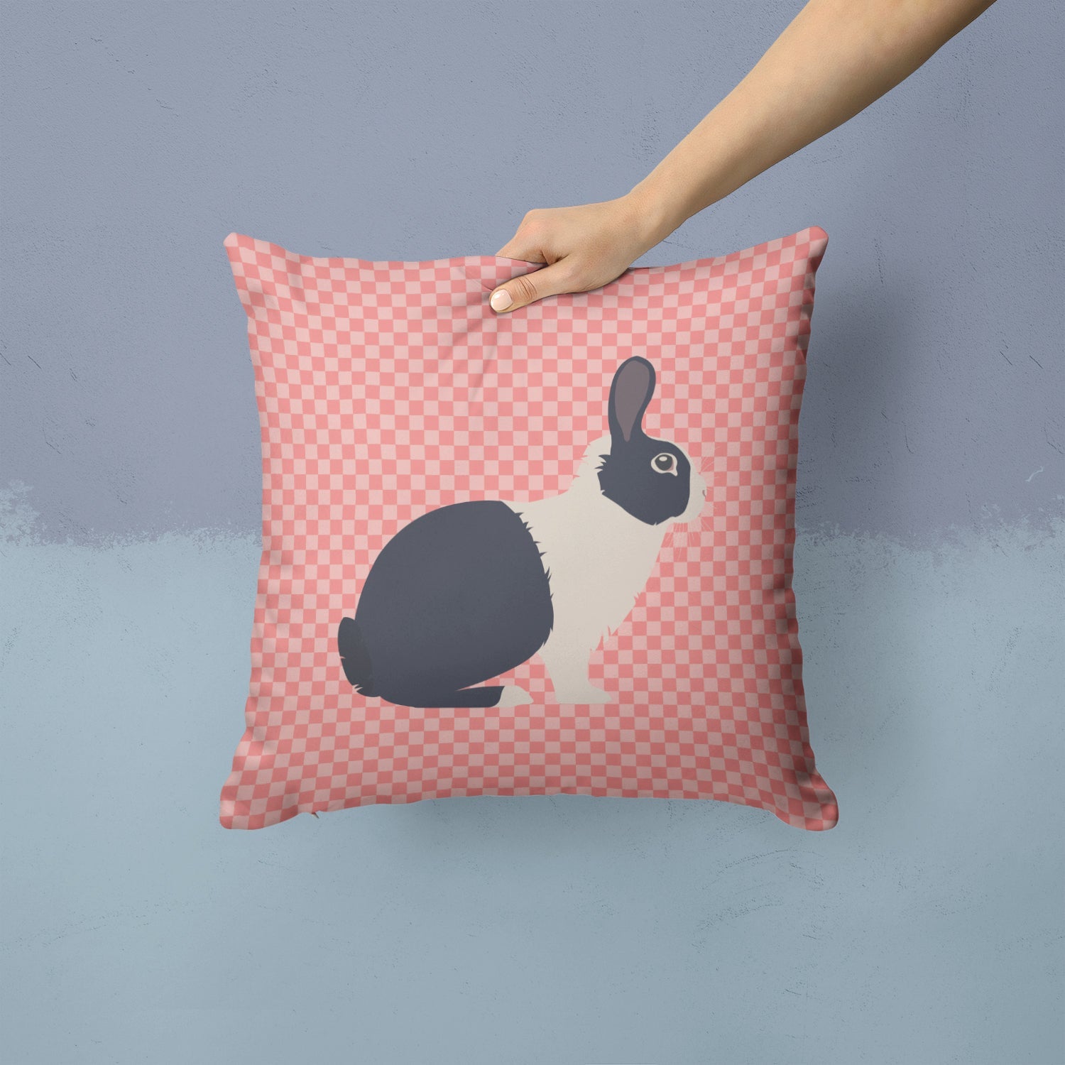 Dutch Rabbit Pink Check Decorative Throw Pillow 14x14 Indoor Outdoor Accent Cushion, Fabric Cover with Insert for Sofa, Bed, Porch & Living Room