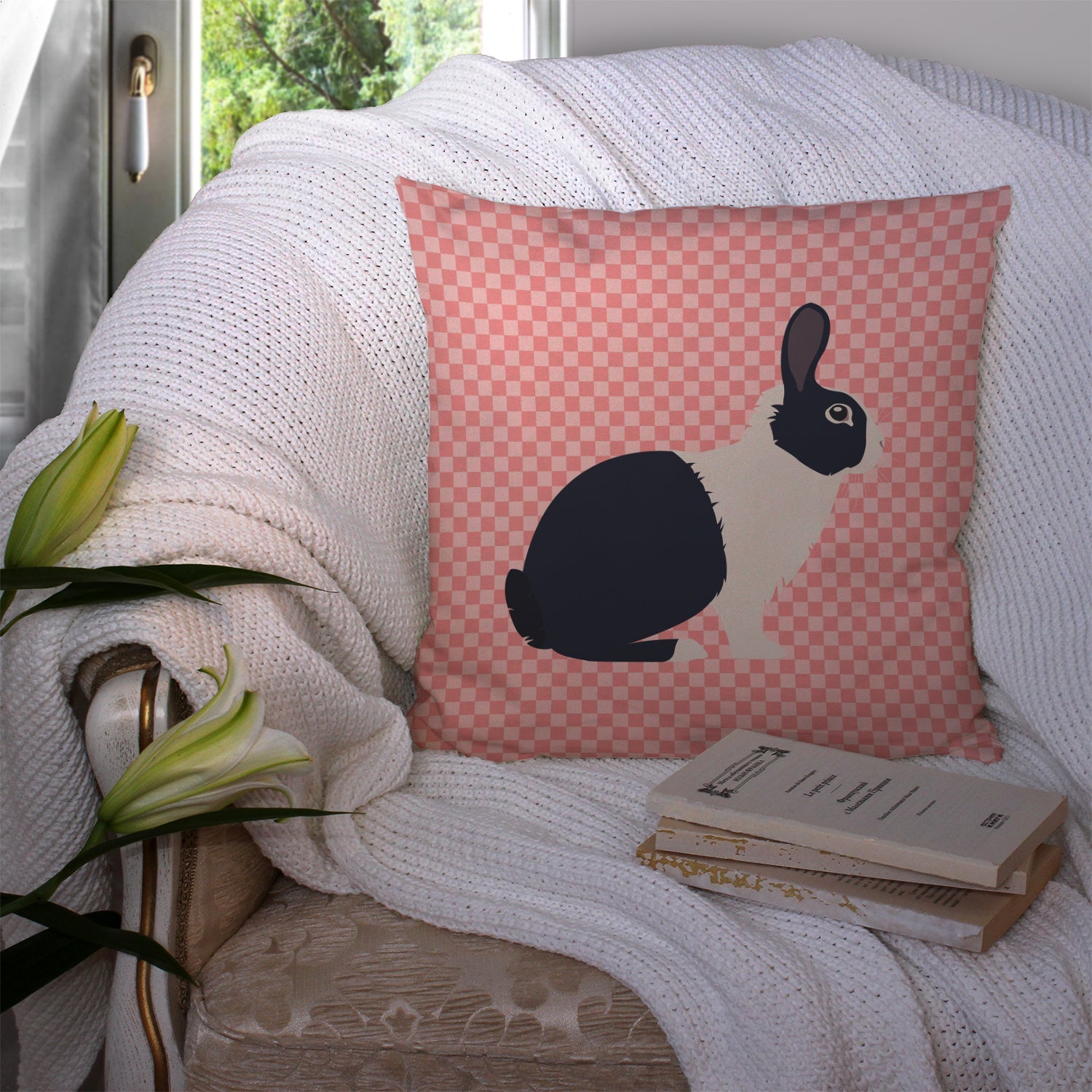 Dutch Rabbit Pink Check Decorative Throw Pillow 14x14 Indoor Outdoor Accent Cushion, Fabric Cover with Insert for Sofa, Bed, Porch & Living Room