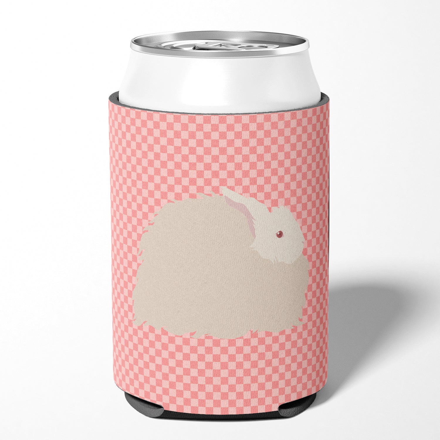 Fluffy Angora Rabbit Pink Check Can or Bottle Hugger Cooler Sleeve for Standard 12 oz Cans, Insulated Foam Beer & Soda Can Hugger Reusable