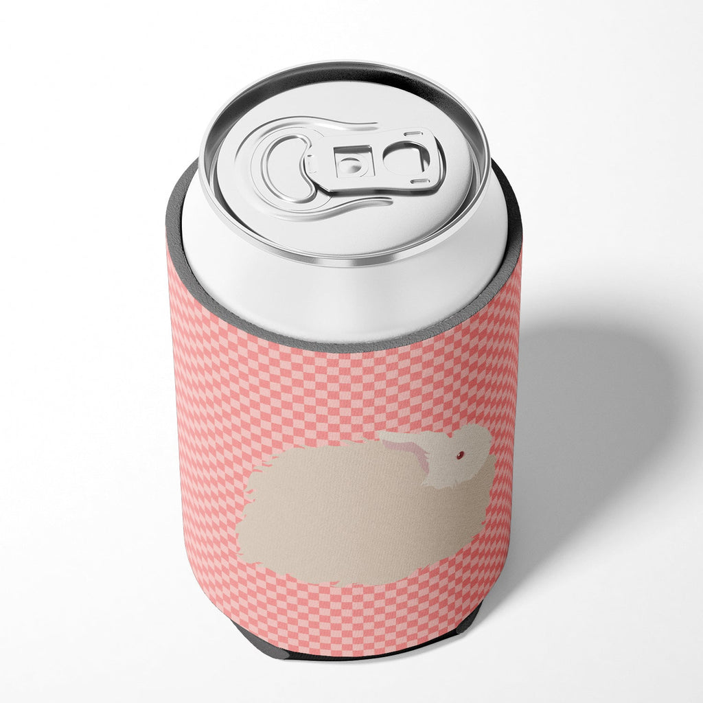 Fluffy Angora Rabbit Pink Check Can or Bottle Hugger Cooler Sleeve for Standard 12 oz Cans, Insulated Foam Beer & Soda Can Hugger Reusable