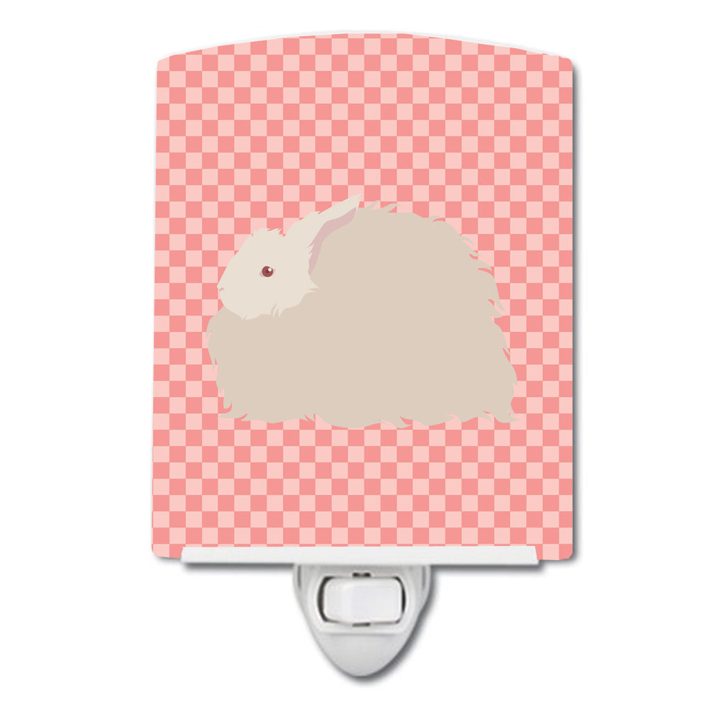 Fluffy Angora Rabbit Pink Check Ceramic Night Light Compact, UL-Certified, Ideal for Bedroom, Bathroom, Nursery, Hallway, Kitchen, 6x4x3, Multicolor